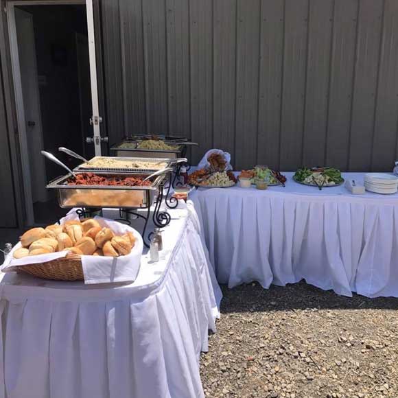 Food tables outdoor at a rustic wedding in the Laurel Highlands